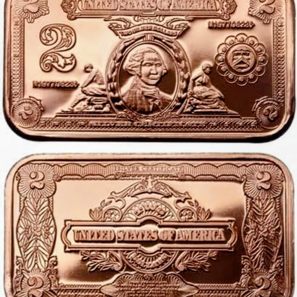 1 oz Cupper Bar "$2 Bank Note" .999 Pure Cupper Bar